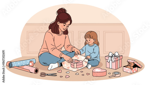 Mother and child wrapping gifts for a holiday celebration.