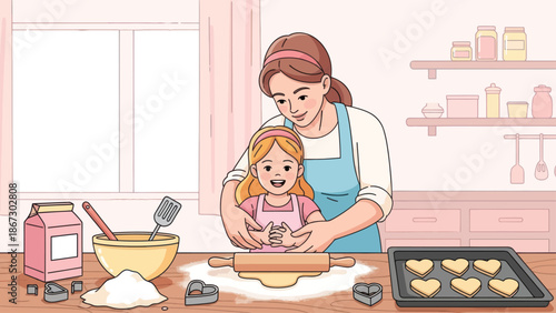 Happy mother and daughter baking cookies together in the kitchen.