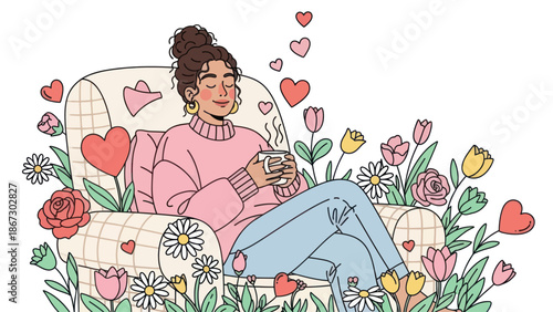 Woman relaxing with coffee surrounded by flowers and hearts