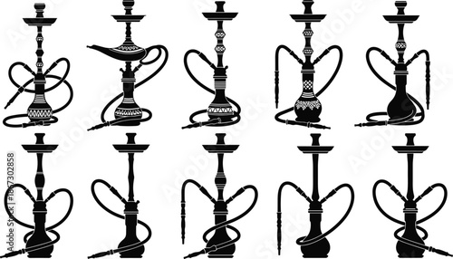 Collection of black hookah silhouettes, traditional oriental shisha pipes with hoses isolated on white background, smoking equipment set, arabian culture vector illustration