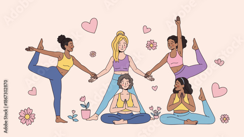 Diverse group of women practicing yoga poses together.