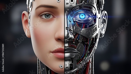 A compelling visual exploring the intricate connection between human identity and advanced artificial intelligence, symbolizing technological progress and humanity's future