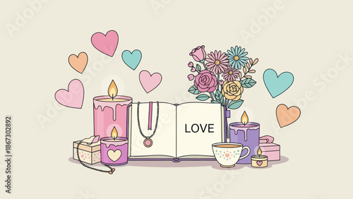 Romantic gift set with candles, flowers and hearts.