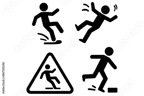 Slip, Trip & Fall man silhouette,
Workplace Slip, Trip & Fall Hazard Icons – Safety Risk & Warning Pictogram Set