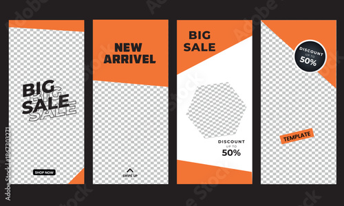 Set of four vibrant orange digital marketing vertical banner templates promoting massive sales and new arrivals on social media stories.