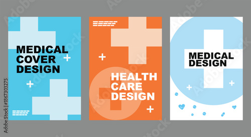 Minimalist abstract medical cover design set featuring bold geometric crosses, plus signs, and modern typography for healthcare posters.