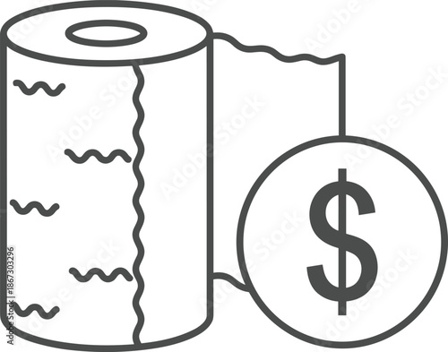 Toilet paper roll with dollar sign coin vector illustration, expensive hygiene products and tissue price increase concept, inflation and commodity cost icon, outline design