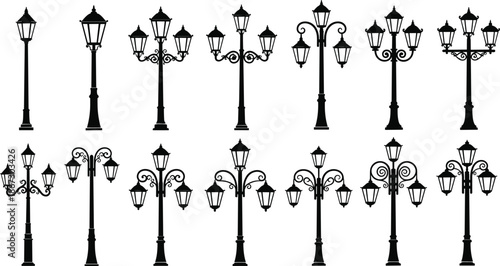 Victorian vintage street light lamp post silhouette collection, antique wrought iron lantern set for park garden outdoor decor, classic urban gaslight vector illustrationVictorian vintag