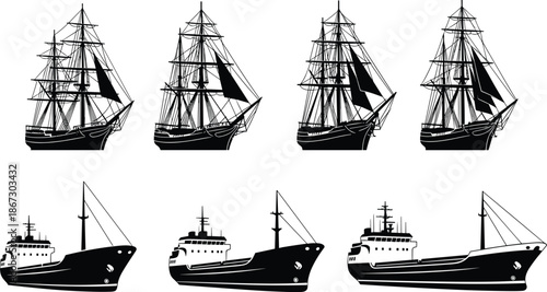 Set of black silhouette vintage sailing ships and modern cargo vessels isolated on white background, nautical transport icons, maritime travel vector illustration