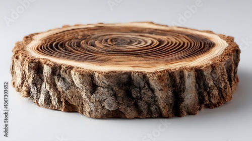 Studio shot of a natural wood log slice displaying intricate annual growth rings and rough bark texture on a clean white background.