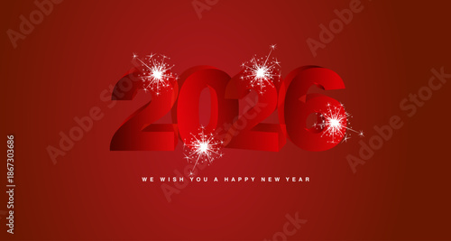 We wish you a Happy New Year 2026 with sparkle firework. Modern 3D light red transparent glass numbers shape of 2026 on red greeting card 4