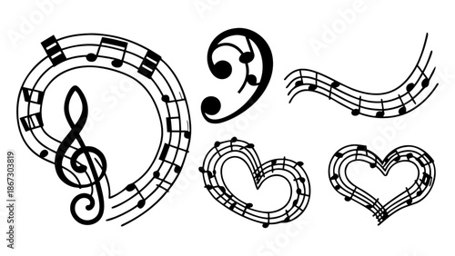 Music notes and clef vector set with various artistic shapes including circle heart and wave designs musical elements