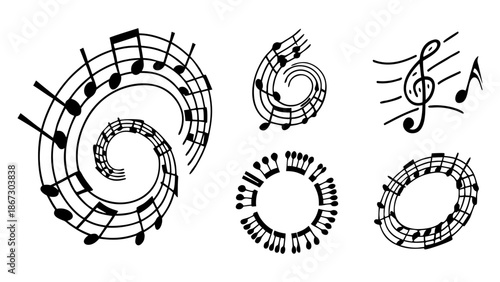 Set of six black music note design elements featuring various arrangements on musical staves and treble clef designs