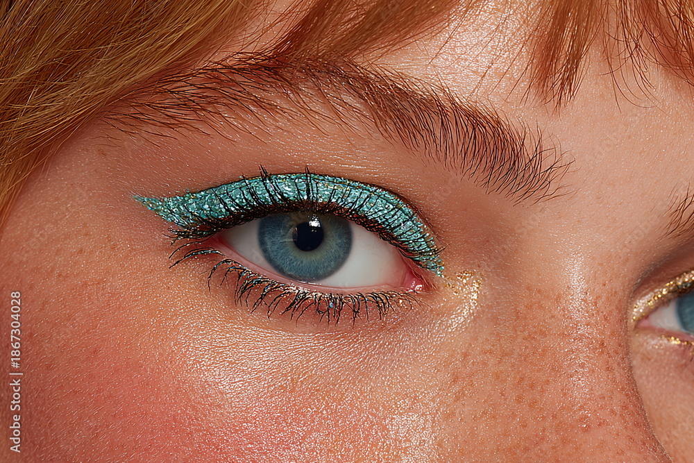 Obraz premium Winter 2026 makeup trends featuring blue eyeliner and shimmering highlights for a fresh look