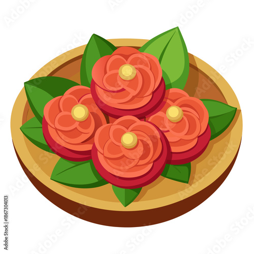 Vibrant orange flowers on a wooden plate with green leaves