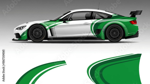 High performance green and white sports car with racing decals and aerodynamic styling.
