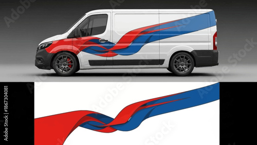 Delivery van with flowing blue, white, and red ribbon graphics and modern urban branding on a sleek exterior.