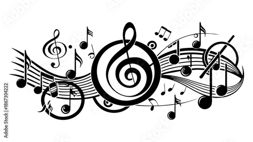 Music notes vector icon background, musical notes on swirling lines, melody symbols creative design graphic element art