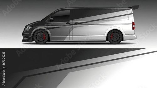 Sleek two-tone van with racing graphics and modern aerodynamic design.