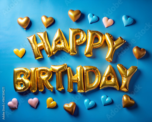 Golden balloons spelling Happy Birthday surrounded by colorful hearts