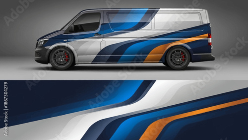 Sleek painted van with dynamic blue and orange stripe detailing in studio setting.