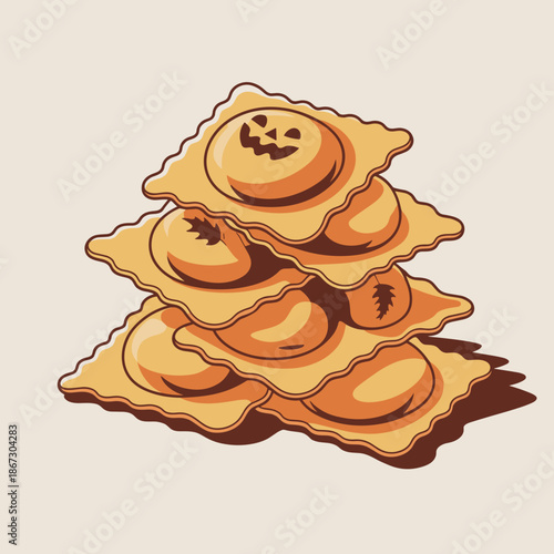 Festive pumpkin ravioli stack vector with jack-o'-lantern details for Halloween – Suitable for seasonal menu design, spooky dinner party invitations, or cooking class promotions.