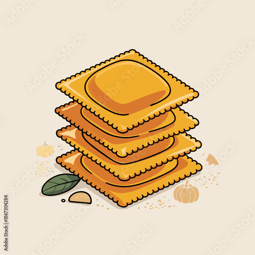 Stacked pumpkin ravioli vector illustration for Halloween dinner – Perfect for restaurant menus, autumn food blogs, or seasonal recipe cards.