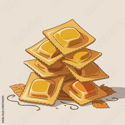 Artful pumpkin ravioli pile vector illustration in warm autumn colors – Perfect for upscale food branding, Thanksgiving catering, or fall-themed lifestyle content.