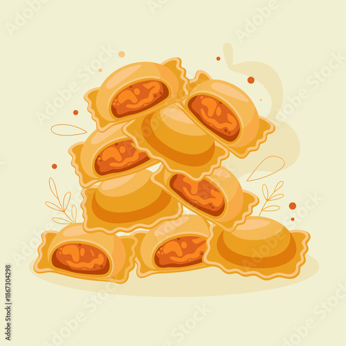 Gravity-defying pumpkin ravioli stack vector illustration for creative cooking – Ideal for avant-garde recipe books, experimental food art, or modern culinary promotion.