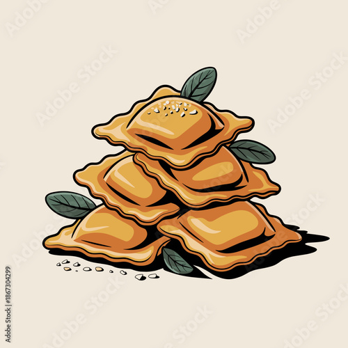 Perfectly balanced pumpkin ravioli pyramid vector with sage garnish – Suitable for holiday cookbook covers, high-end grocery store ads, or Thanksgiving meal planning guides.