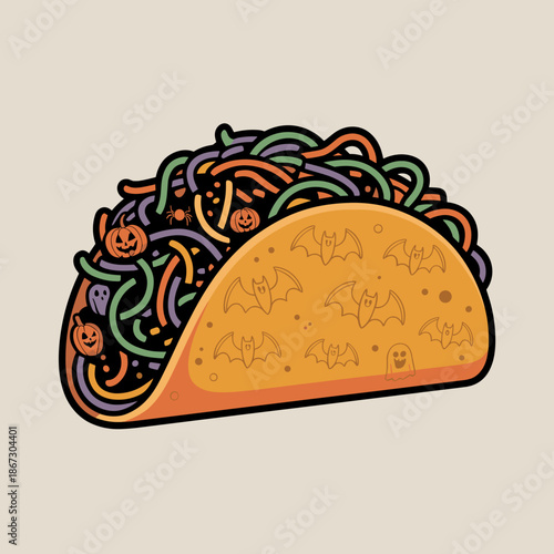 Halloween spaghetti taco vector – Cartoon spooky food graphic with multi-colored pasta filling.