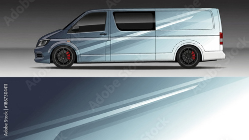 Sleek blue-gray cargo van on a modern road with reflective metallic panels and glass.