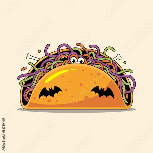 Whimsical vector of Halloween taco with spaghetti and googly eyes – Great for festive kids' content, party graphics, or modern food illustration.