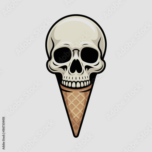 Skull ice cream scoop on waffle cone vector art – Perfect for Halloween dessert promotions, spooky branding, or seasonal event posters.