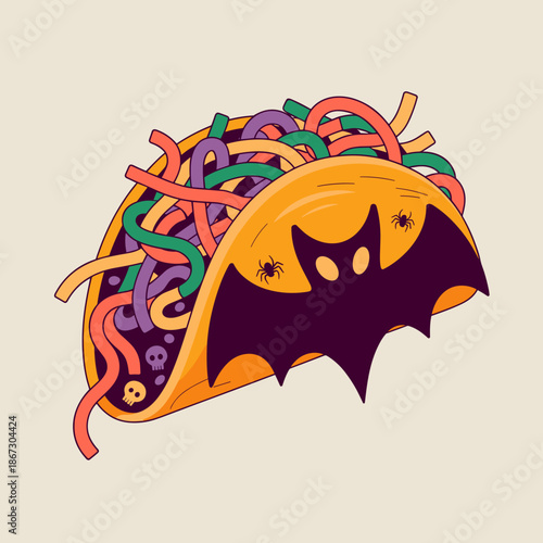 Spooky spaghetti taco illustration with bat shell – Ideal for Halloween party invites, menu designs, or themed social media.