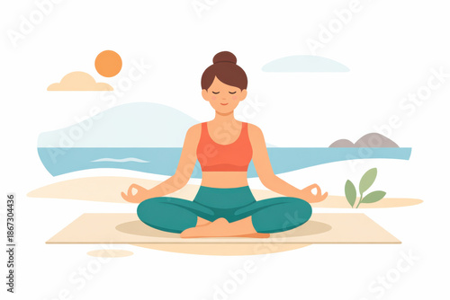Wallpaper Mural Relaxed woman practicing yoga lotus pose with calm meditation outdoors on sunny beach with soft shapes and ocean background Torontodigital.ca