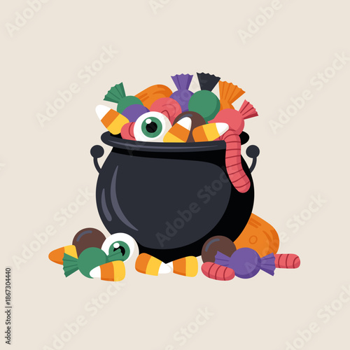 Witch cauldron overflowing with colorful Halloween candy vector – Perfect for seasonal promotions, party invitation backgrounds, or festive decor.