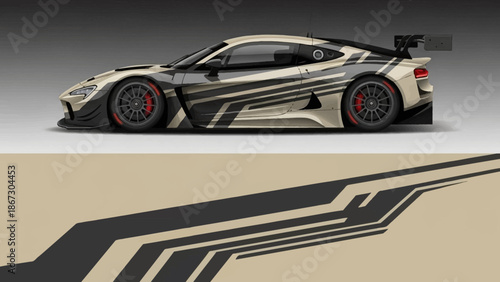 Sleek racing car with bold camouflage stripes and aerodynamic design side profile.