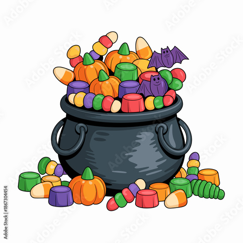 Cartoon black cauldron full of Halloween sweets vector illustration – Ideal for kid-friendly holiday graphics, sweet shop marketing, or trick-or-treat content.