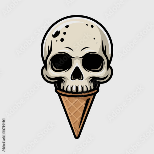 Detailed skull ice cream scoop vector on waffle cone – Great for high-quality seasonal graphics, bakery promotions, or Halloween-themed content.