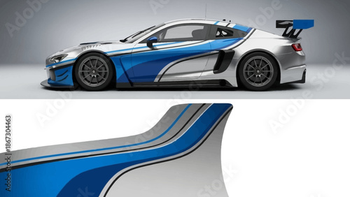 Sleek blue race car with aerodynamic design and rear wing showcased in studio setting.