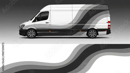 White delivery van featuring abstract black and gray stripes with flowing road design.
