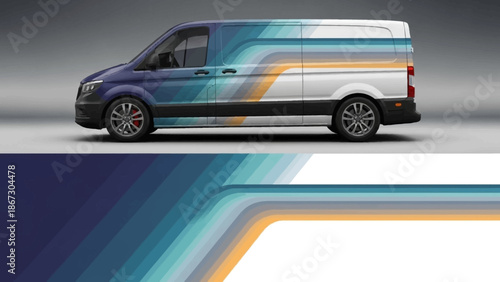 Colorful striped van with abstract graphic wrap showcasing modern automotive design and travel appeal.