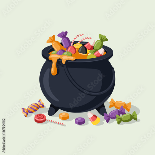 Miniature cauldron with candy corn and lollipops vector illustration – Great for children's holiday materials, party planning, or festive food displays.