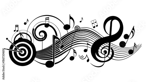 Music notes vector icon background, musical notes on swirling lines and circular elements, melody symbols creative graphic art