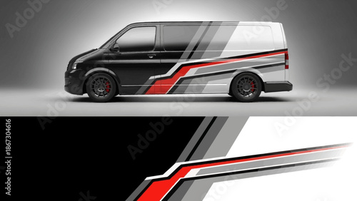 Sleek black van showcasing bold red and white stripe graphics with modern styling.