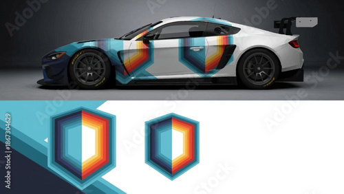 Dynamic blue and orange race car with bold livery and aerodynamic design showcased in studio lighting.