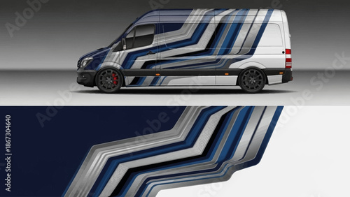 White van with bold blue abstract stripe graphics along the side.