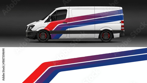 White delivery van with bold blue and red diagonal stripes on a plain background.