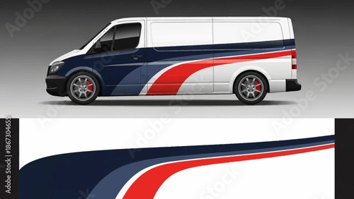 White van with blue red swoosh graphic livery on a plain backdrop.